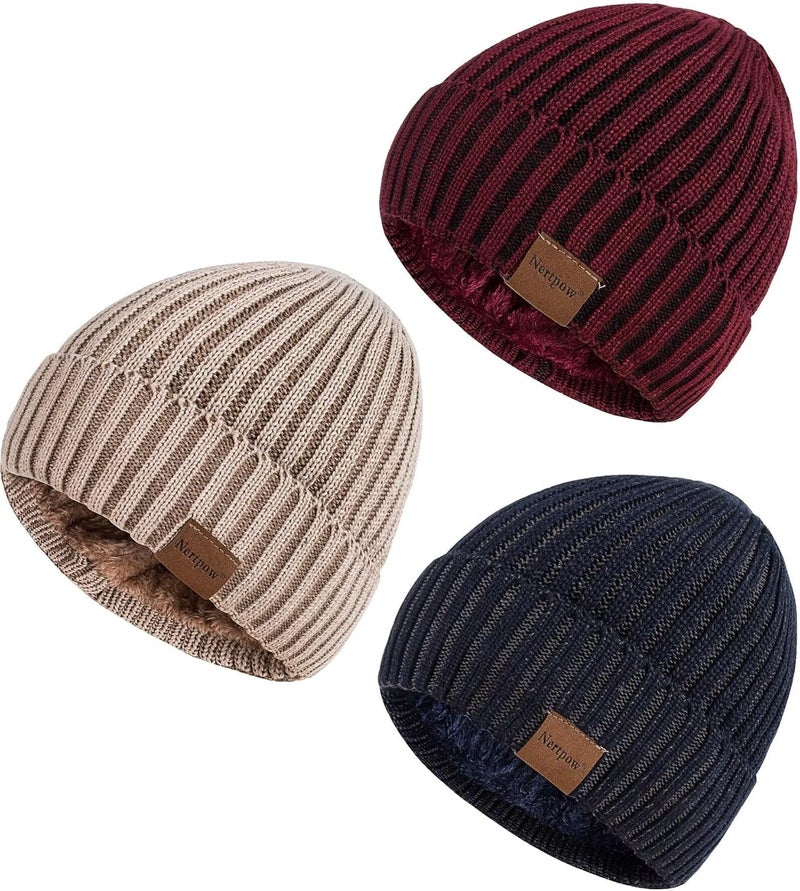 Nertpow Mens Beanie Hats 3 Pack, Winter Hats for Men Women Warm Thermal Fleece Lined, Thick Knit Fashion Skull Cap for Guys - Image 1
